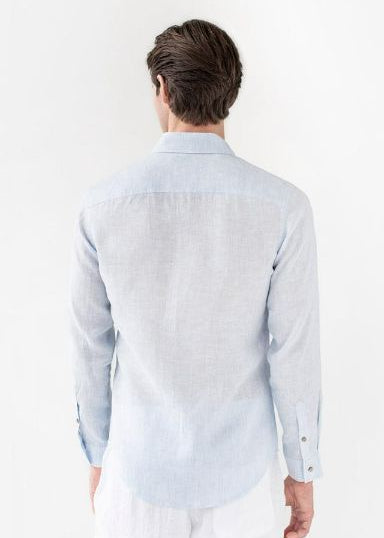 Pinstripe blue linen shirt for men – breathable summer shirt for HK, Singapore & AU