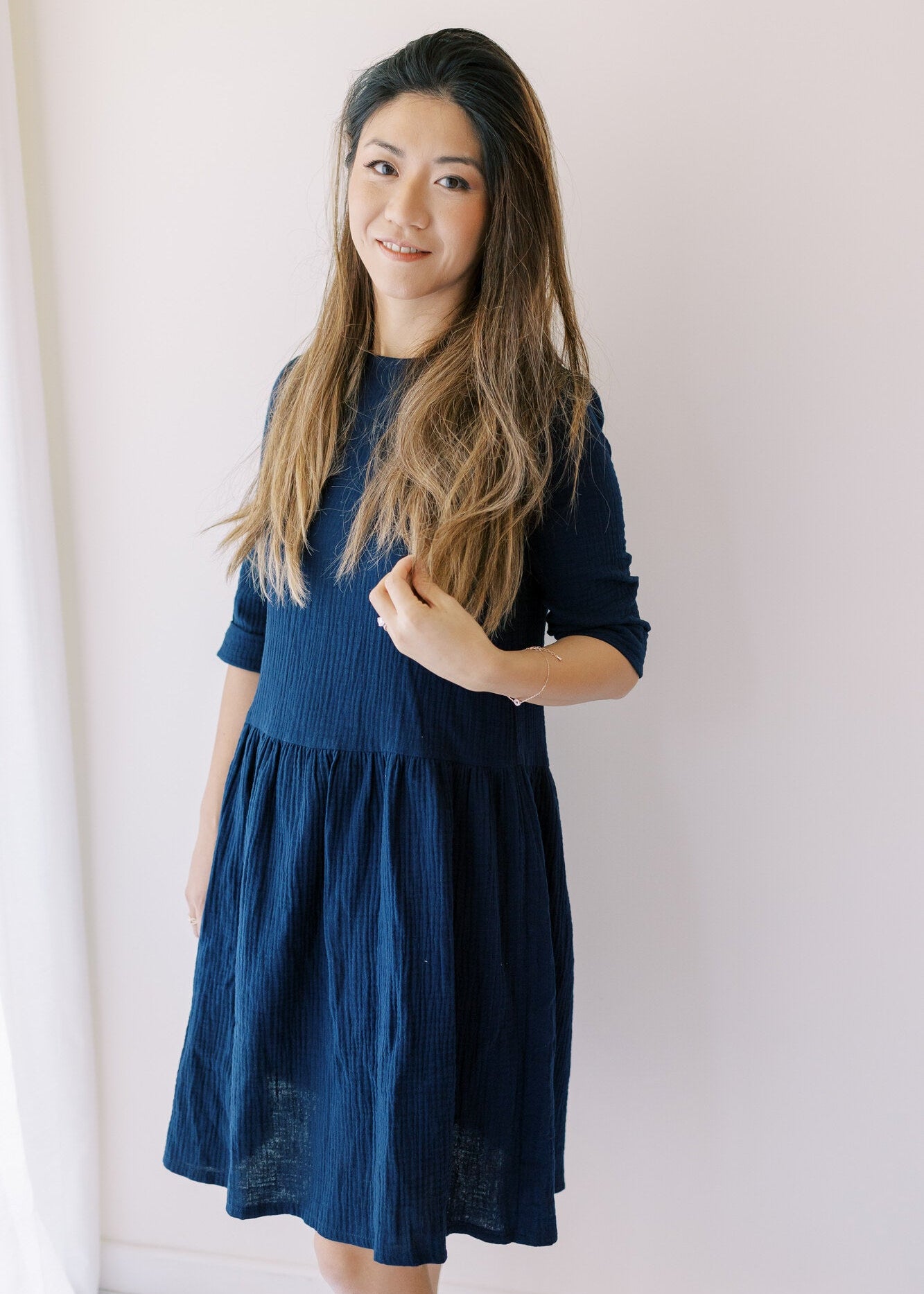 Women's navy organic muslin dress with 3/4 sleeves by Tiny Bunny — handmade from organic cotton in Latvia | MiliMilu HK SG AU