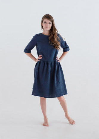 Navy organic muslin dress for women with 3/4 sleeves — breathable slow fashion by Tiny Bunny | MiliMilu sustainable women's clothing