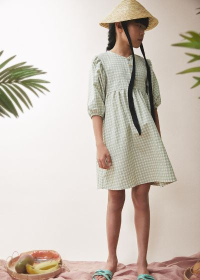 Jellymade Corie girls organic cotton dress tea green check puff sleeves wooden buttons HK SG AU