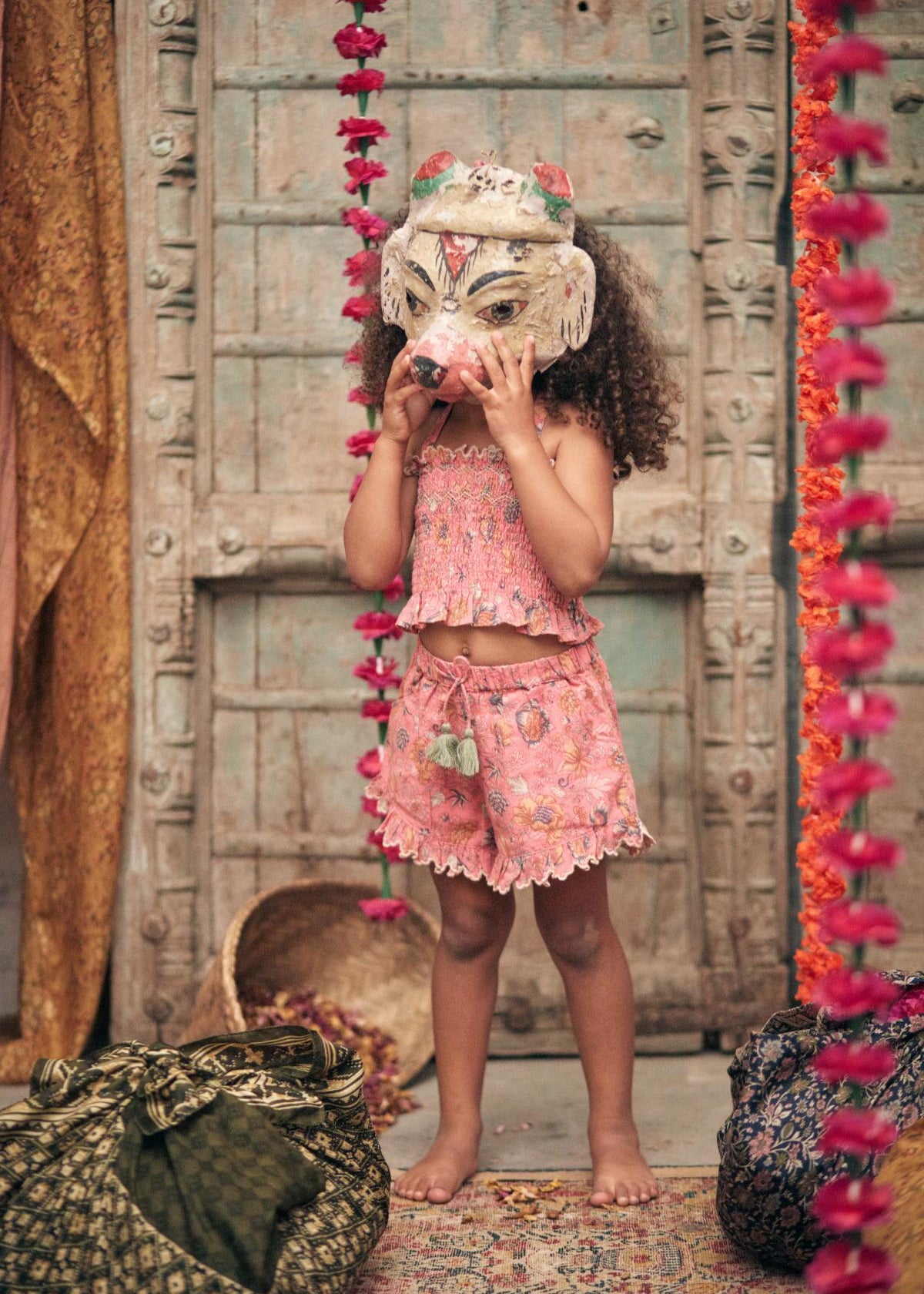 Kids' organic cotton top in pink bohemian strawberry print — breathable and lightweight
