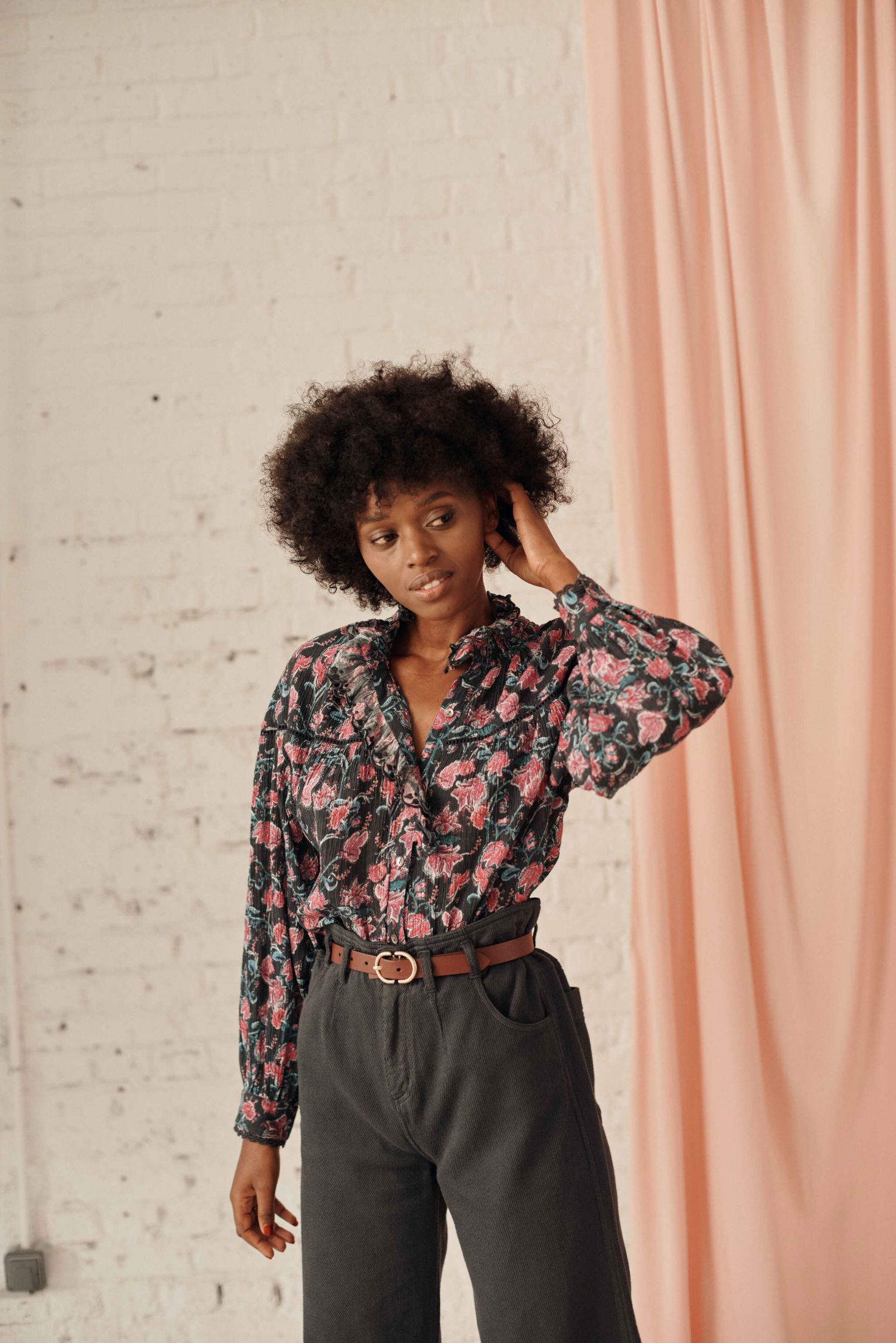 Organic cotton women's blouse in charcoal wildflowers print by Louise Misha. Shop organic cotton women clothing and organic cotton women blouses online.