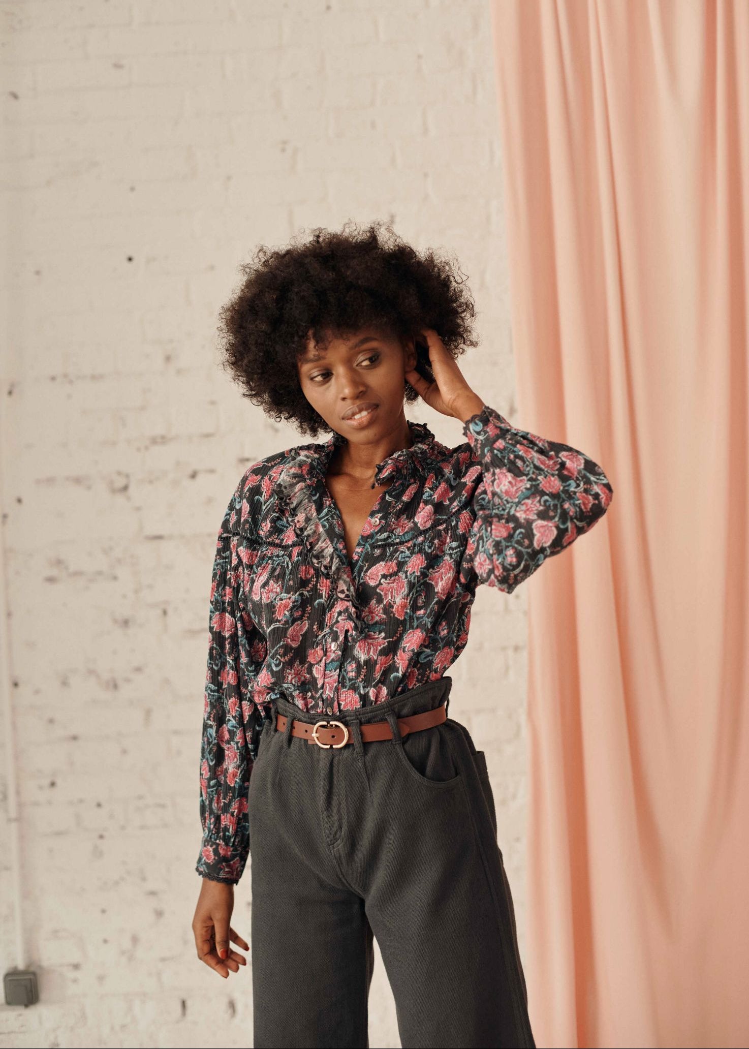 Organic cotton women's blouse in charcoal wildflowers by Louise Misha — front view | MiliMilu HK SG AU