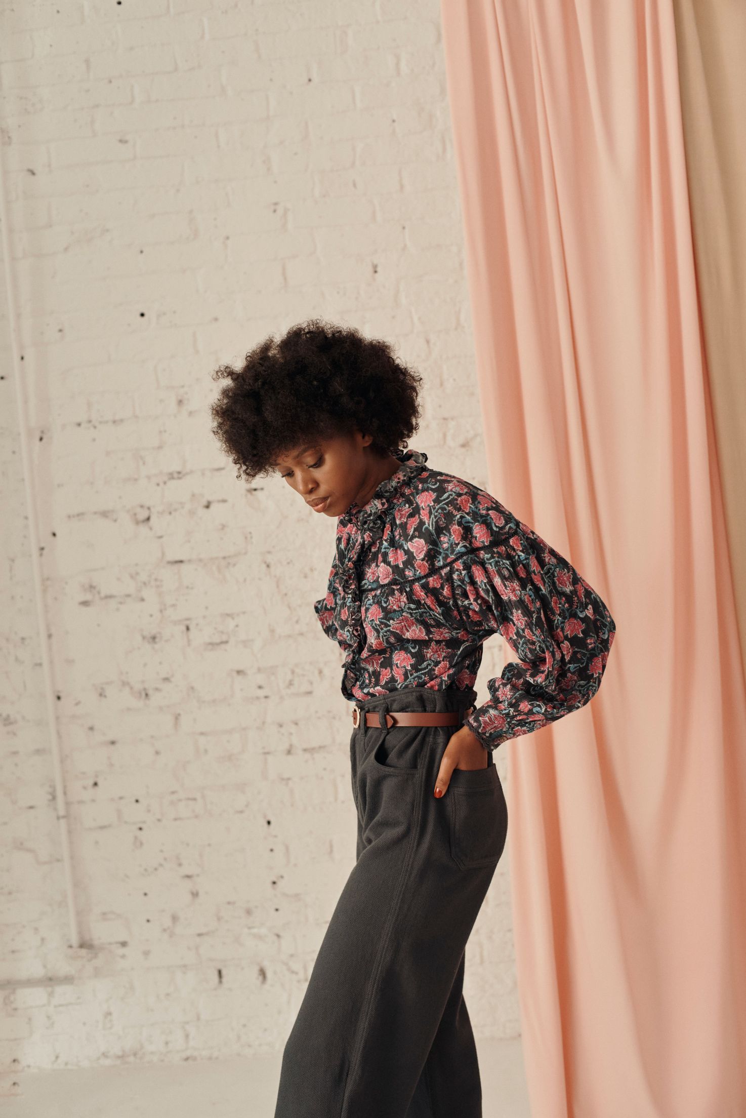 Organic cotton women's blouse in charcoal wildflowers print by Louise Misha. Shop organic cotton women clothing and organic cotton women blouses online.