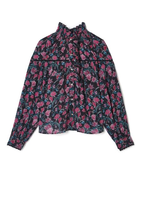 Organic cotton women's blouse in charcoal wildflowers print by Louise Misha. Shop organic cotton women clothing and organic cotton women blouses online.