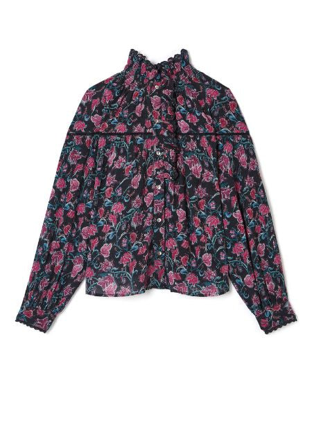 Louise Misha charcoal wildflowers blouse — ruffled neckline with lace trim, organic cotton | MiliMilu