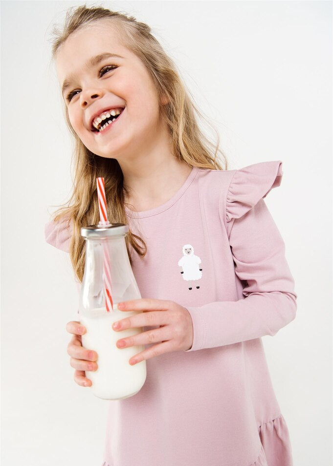 Organic cotton pink girl's dress with sheep print by Hebe — eczema-friendly sustainable children's clothing | MiliMilu