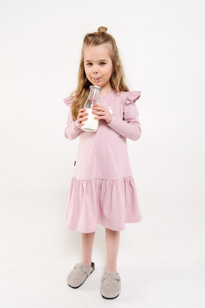 Pink girl dress with long sleeves and cute sheep print made with organic cotton online. Shop girl dresses and sustainable kids clothing at MiliMilu Lifestyle.