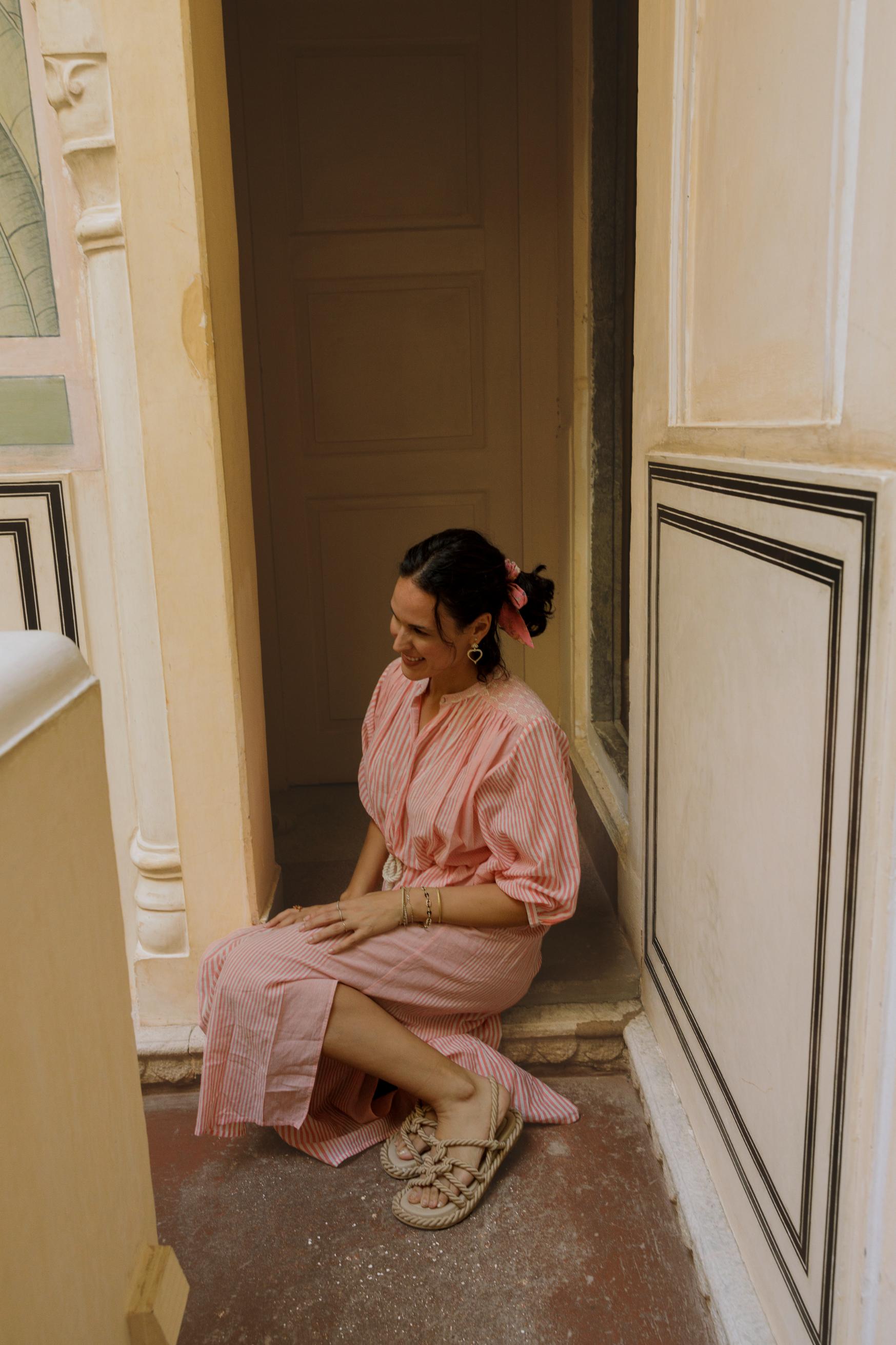 The women's shirt dress is breathable and lightweight and long, made with organic cotton midi length by Louise Misha online at MiliMilu Lifestyle.