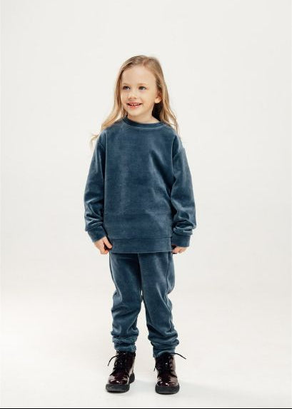 Shop sustainable kids' blue velvet sweatshirt — ethically made by Hebe, chemical-free OEKO-TEX cotton HK JP UK AU