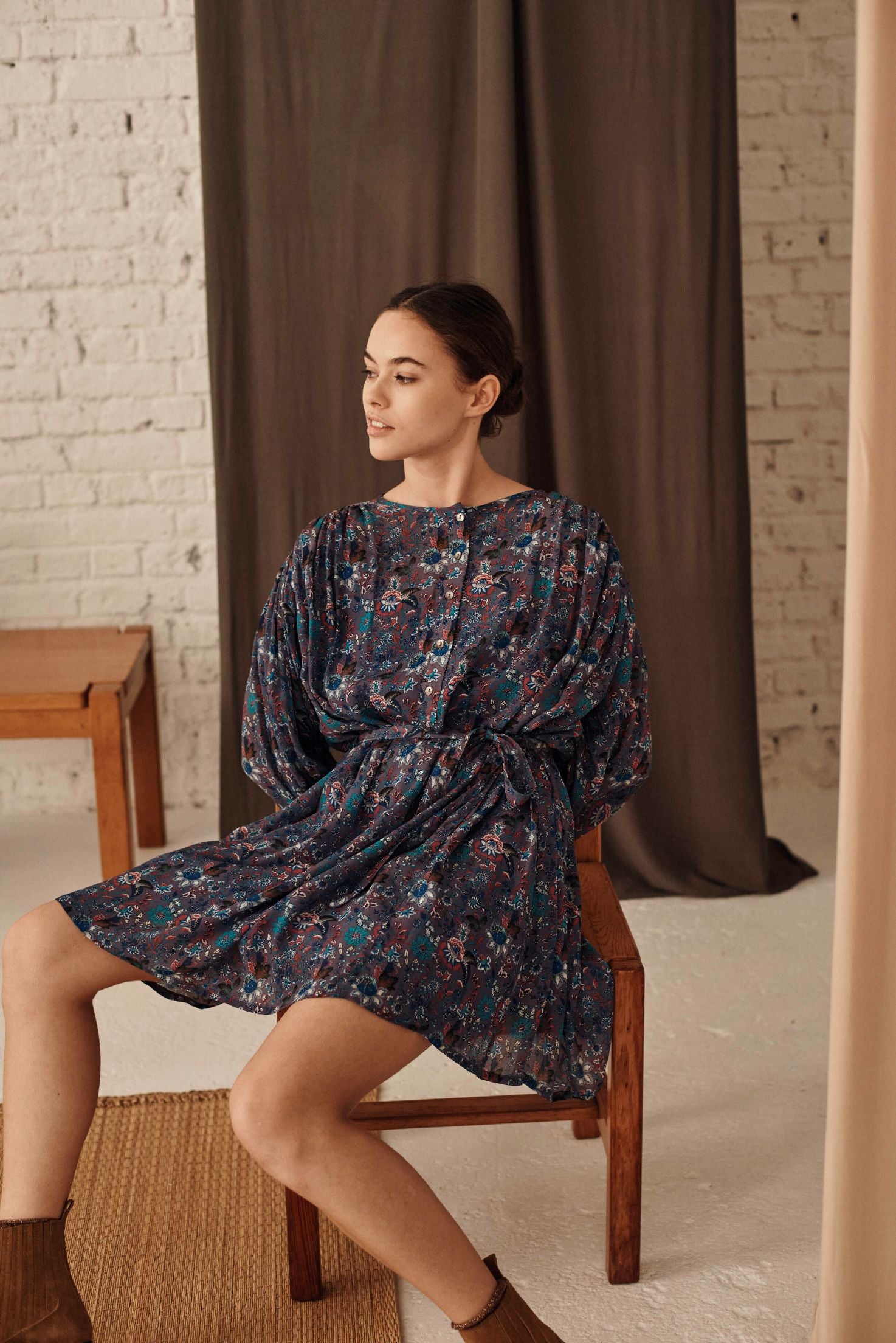 Shana women's dress is a vintage-inspired blue pattern by Louise Misha is breathable and lightweight with volume sleeves. High-quality women's dresses online.