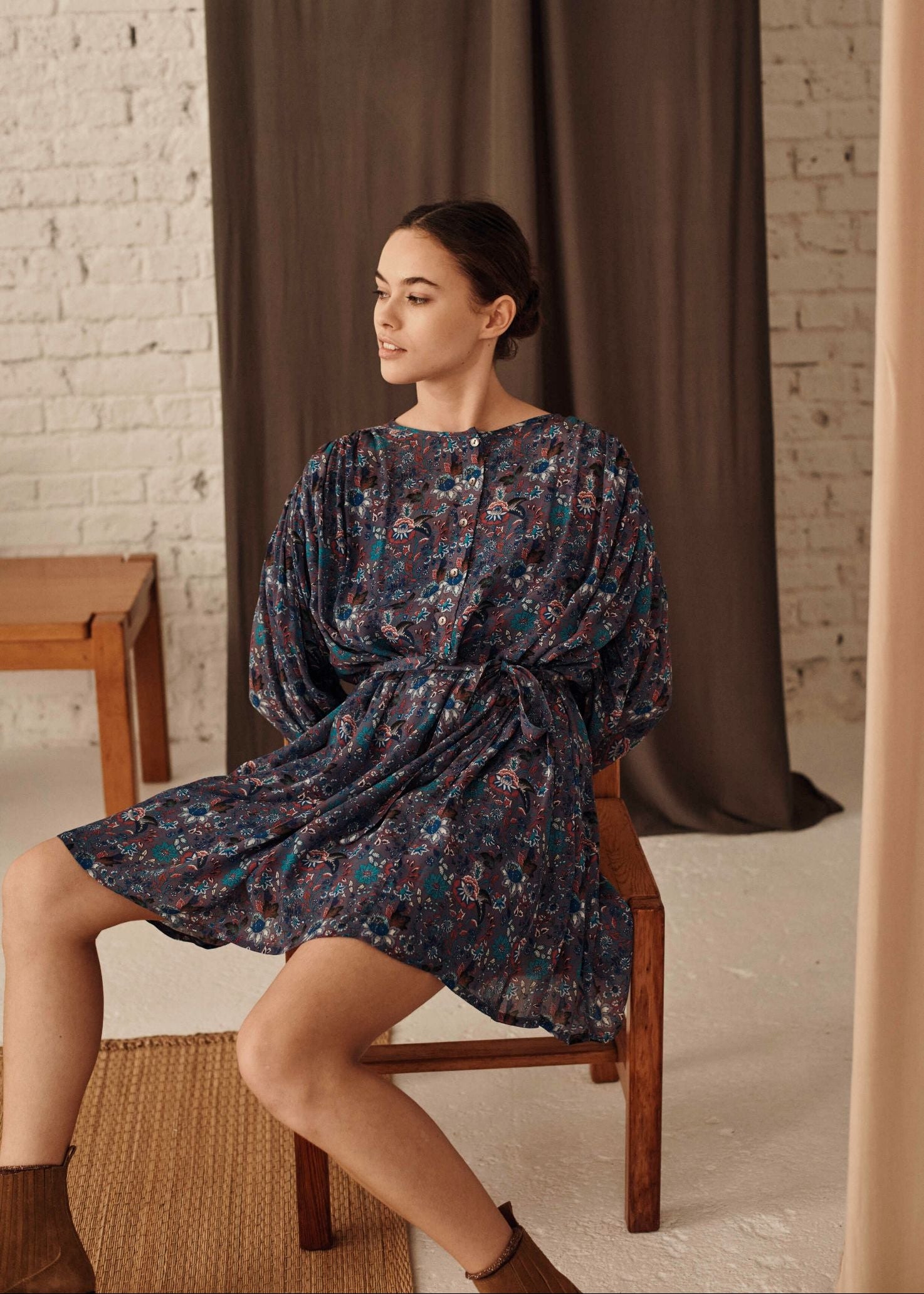 Sustainable women's dress Shana by Louise Misha — breathable lightweight blue floral shirt dress | MiliMilu