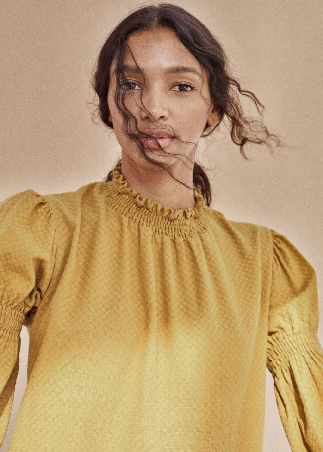 Brigette organic cotton blouse in mustard by The New Society — high neck, dobby texture, made in Portugal
