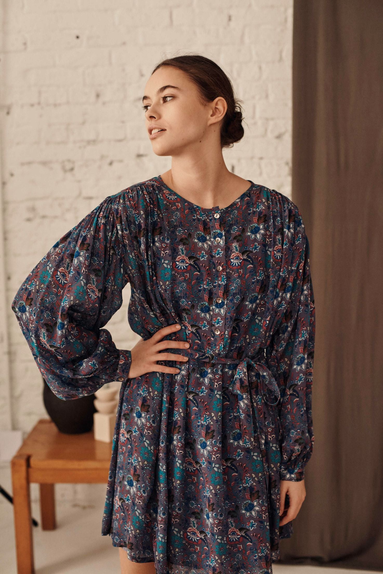 Shana women's dress is a vintage-inspired blue pattern by Louise Misha is breathable and lightweight with volume sleeves. High-quality women's dresses online.