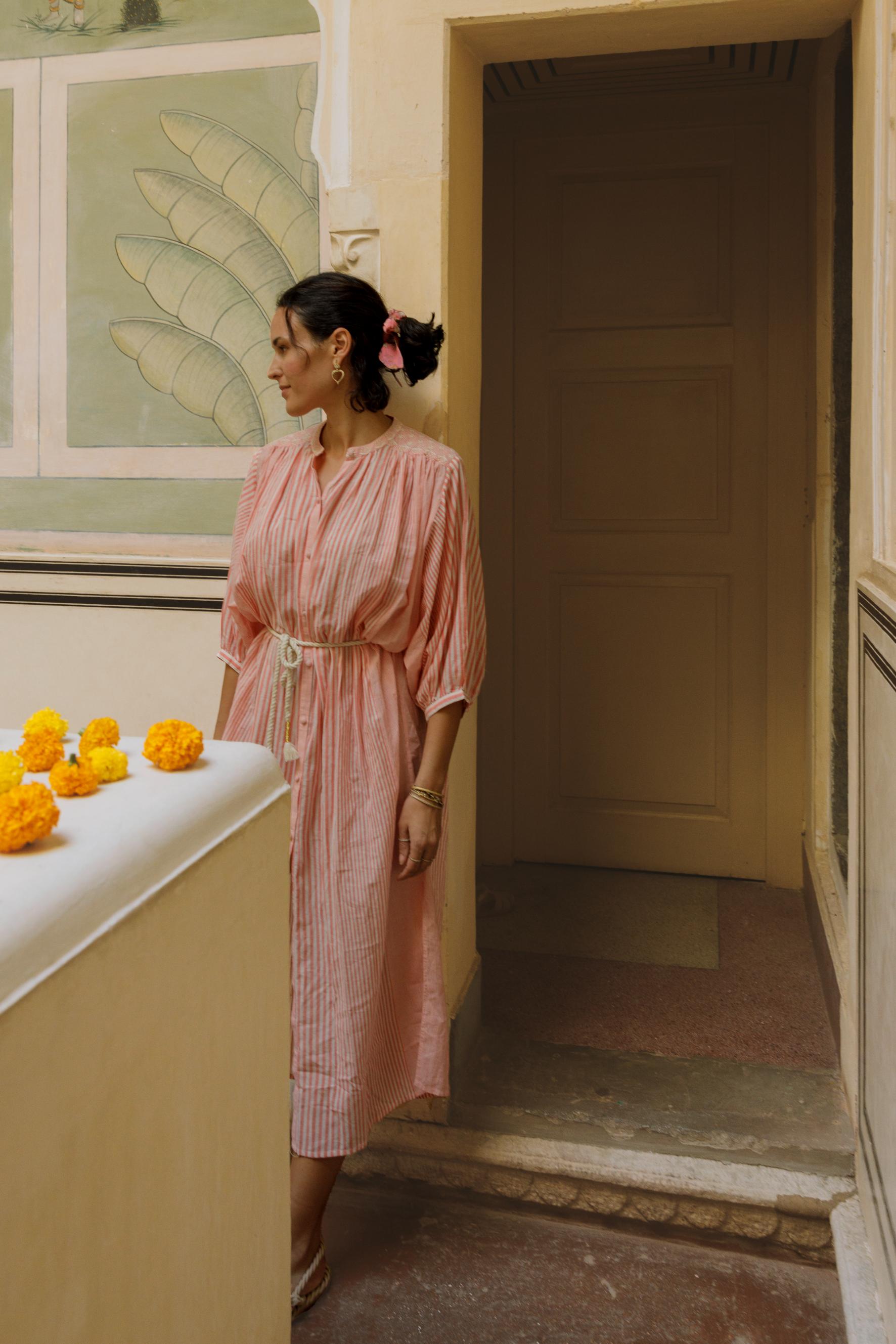The women's shirt dress is breathable and lightweight and long, made with organic cotton midi length by Louise Misha online at MiliMilu Lifestyle.