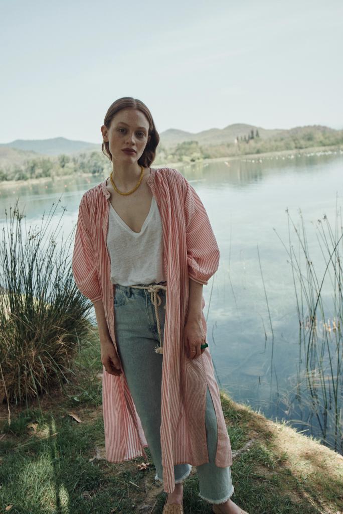 The women's shirt dress is breathable and lightweight and long, made with organic cotton midi length by Louise Misha online at MiliMilu Lifestyle.