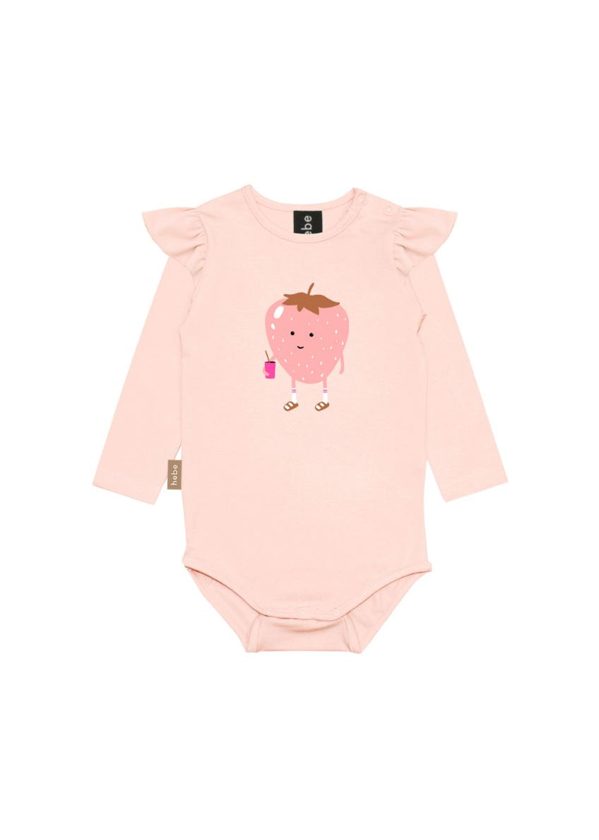 Close-up of strawberry print on pink organic cotton baby bodysuit by Hebe — Gusto d'Italia collection