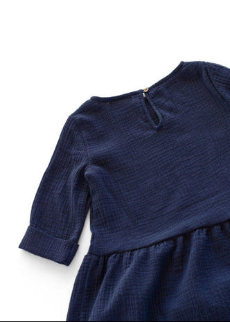Best muslin dress for girls — navy organic cotton with 3/4 sleeves by Tiny Bunny, ethically handmade in Latvia | MiliMilu