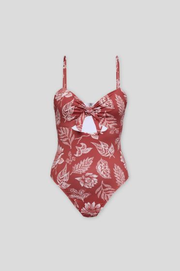 Sienna women swimsuit is made from recycled fabric with sun protection in floral print in dark red. One piece women swimsuit is eco friendly with feminine touch