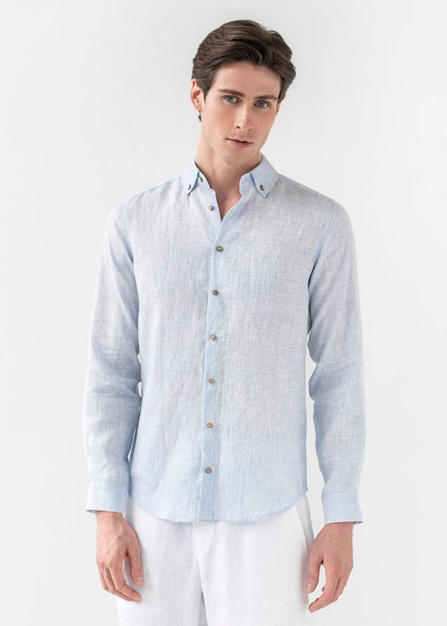 Men's pinstripe blue linen shirt Nevada – lightweight European linen by Magic Linen