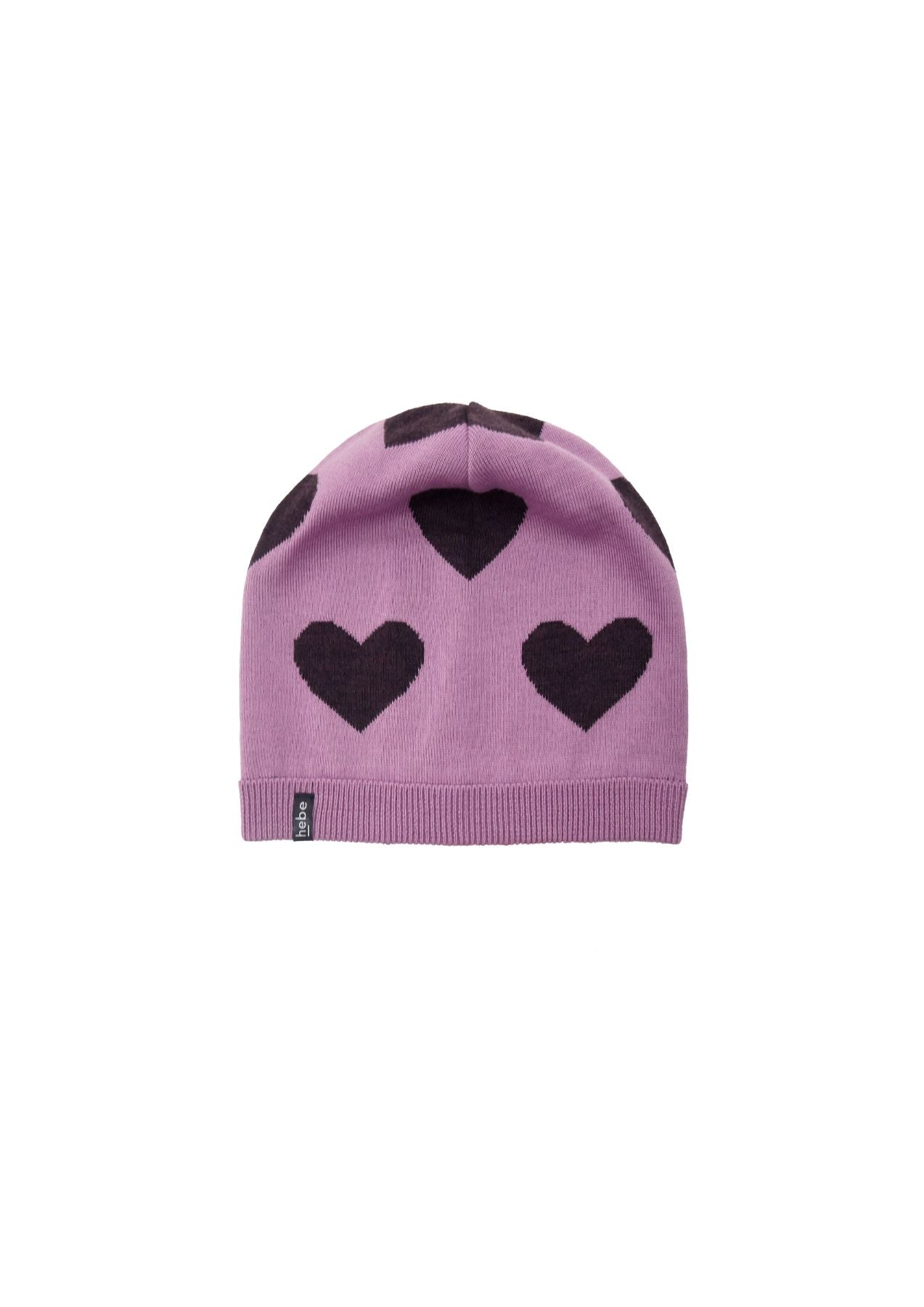 Shop soft and breathable merino wool girl hat in dark pink colour with hearts. Soft and gentle to the skin and no iching feeling kids hat for winter.