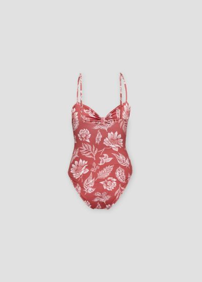 The Sienna women swimsuit is made Sienna women swimsuit is made from recycled fabric with sun protection in floral print in dark red. One piece women swimsuit is eco friendly with feminine touch