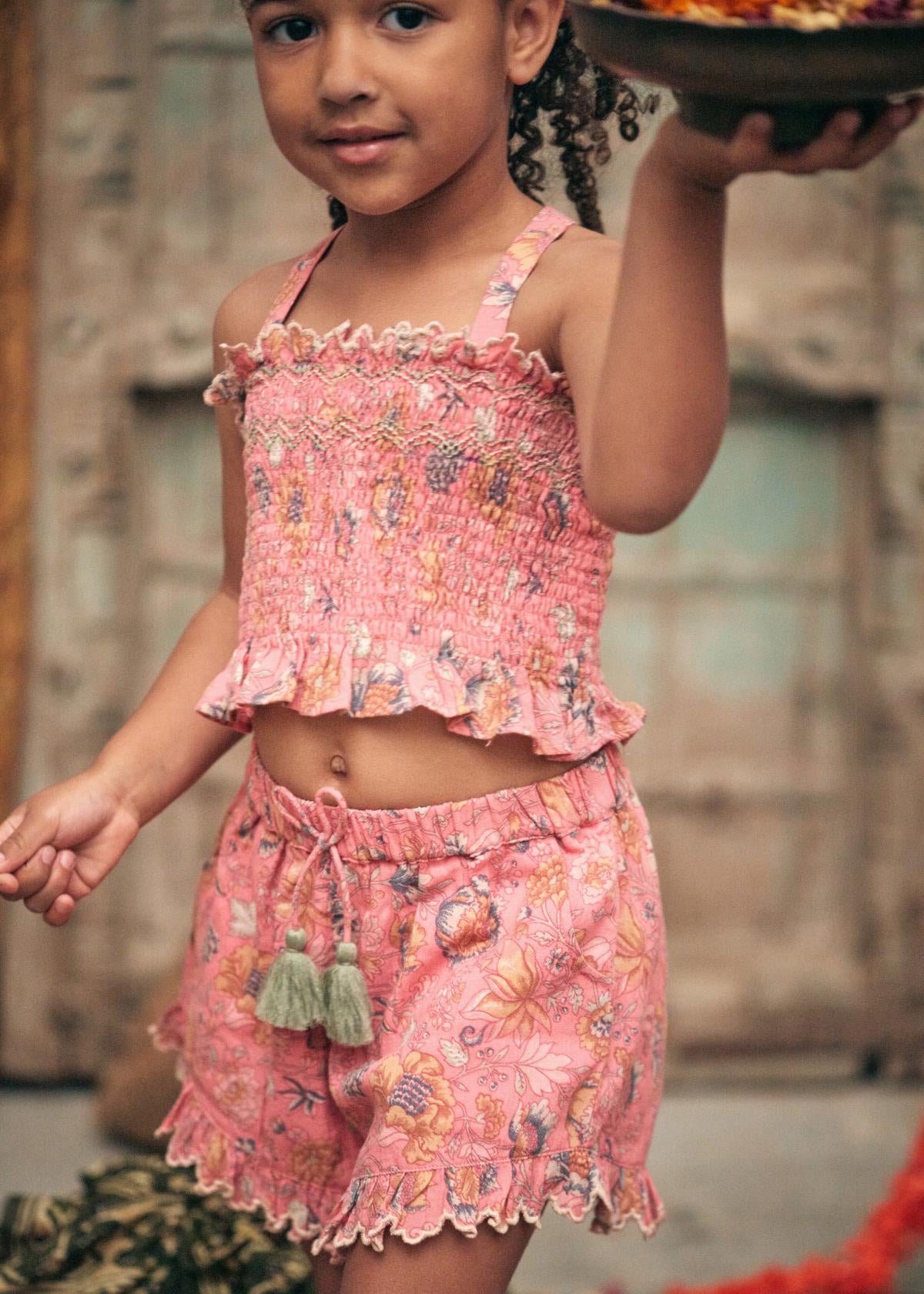 Organic cotton pink smocked top for girls with handmade floral embroidery — Louise Misha Malika
