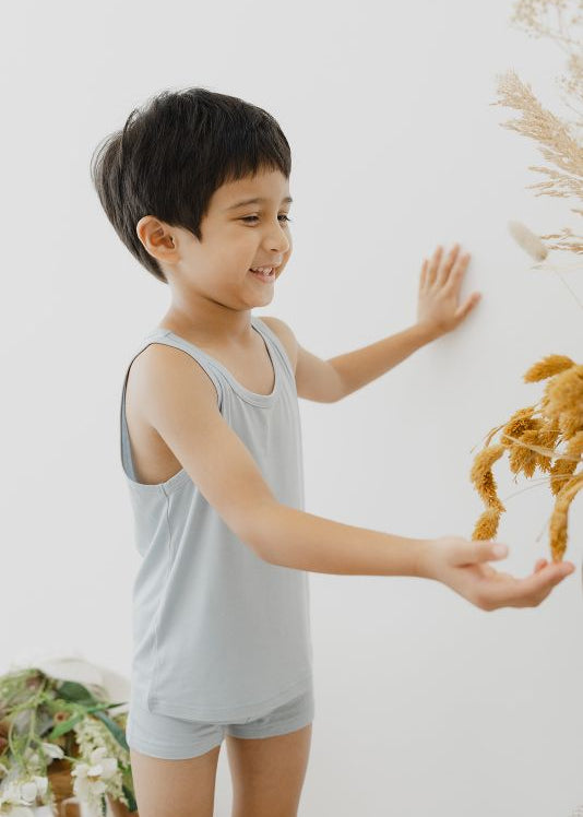 Most comfortable kids underwear online – blue TENCEL Micro Modal tank tops by Just Peachy | Milimilu