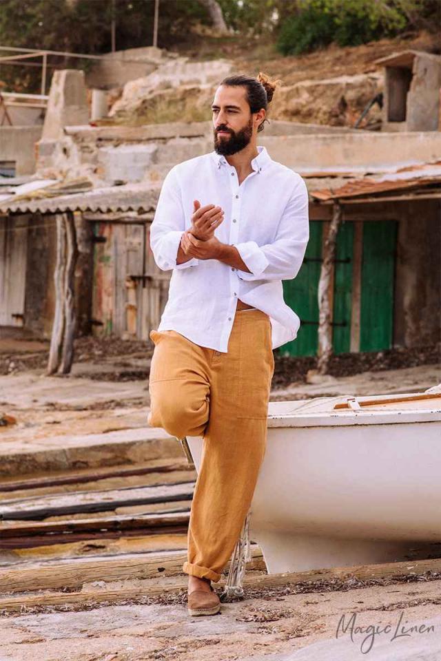Shop the high quality men linen shirt, this white linen men shirt is the best seller - button down white breathable linen shirt in loose fit for summer.y.