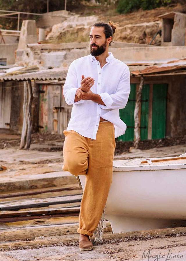 Close-up of white linen shirt Nevada - European linen breathable men's shirt for summer