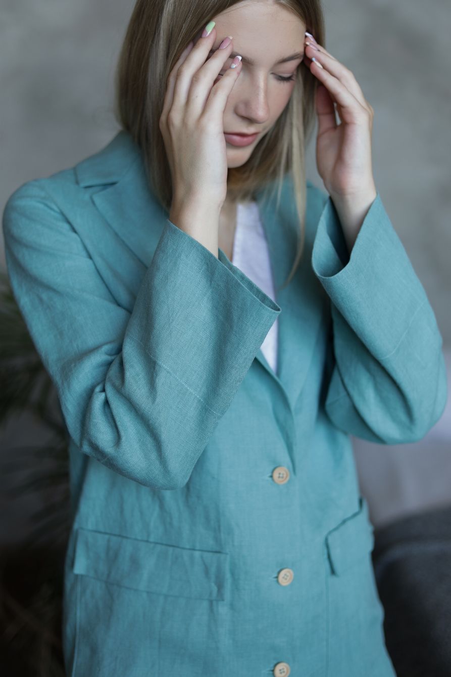 The womens blazer is a loose style jacket in Sea blue, handcrafted from the highest quality European linen. Shop sustainable, slow-fashion womens cothing.