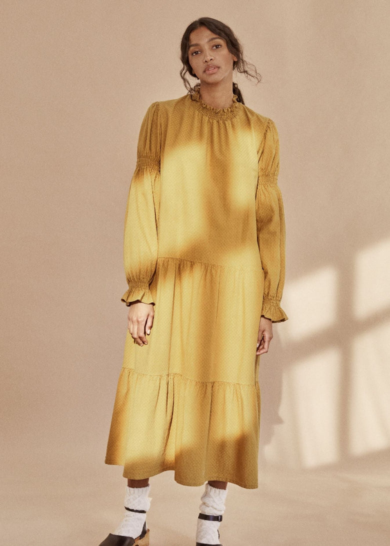 Women's organic cotton dress with smocked cuffs & elasticated long sleeves — The New Society mustard dress