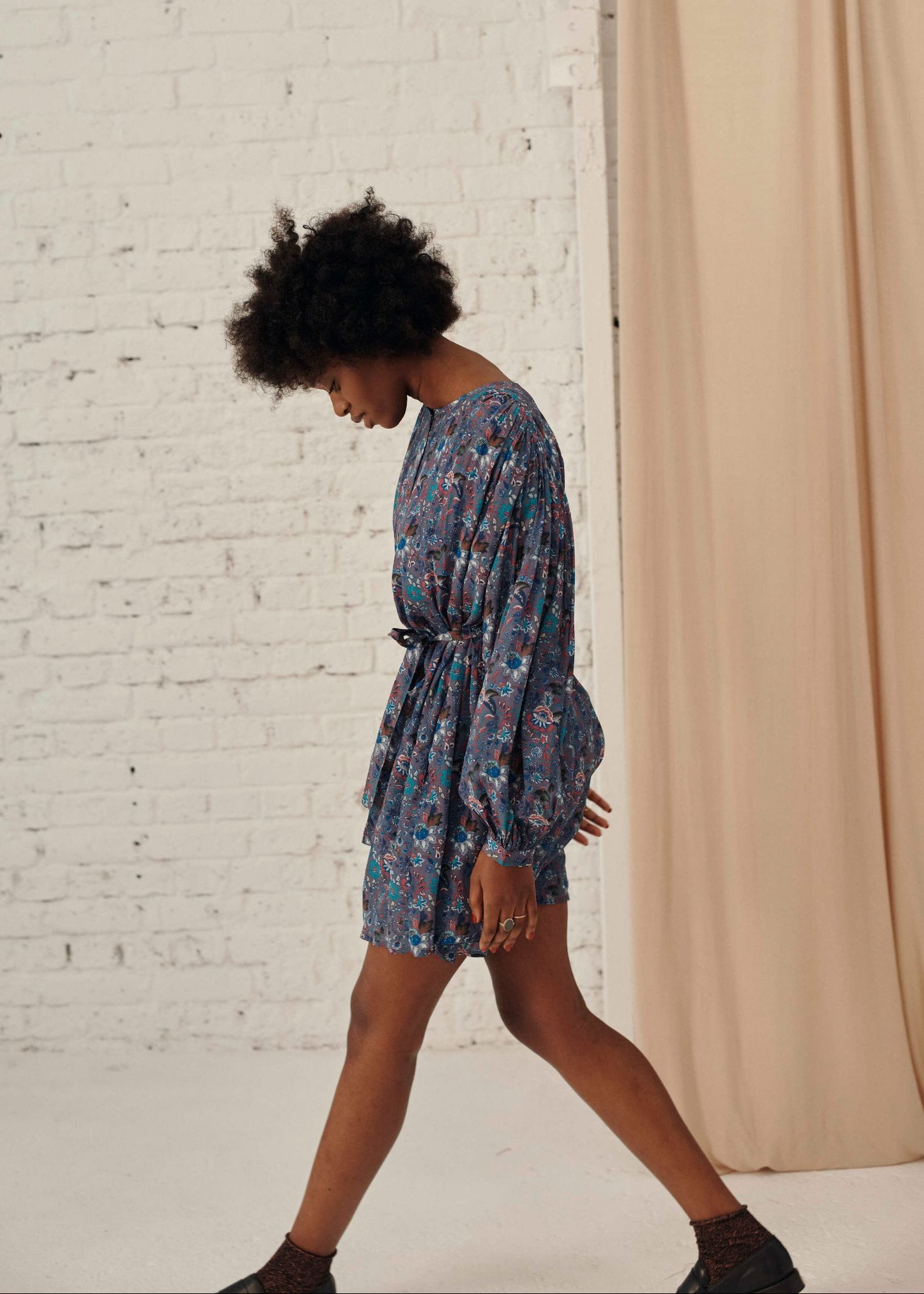 Shana women's wrap dress by Louise Misha — ruffled cuffs, button fastening & matching belt in blue print | MiliMilu
