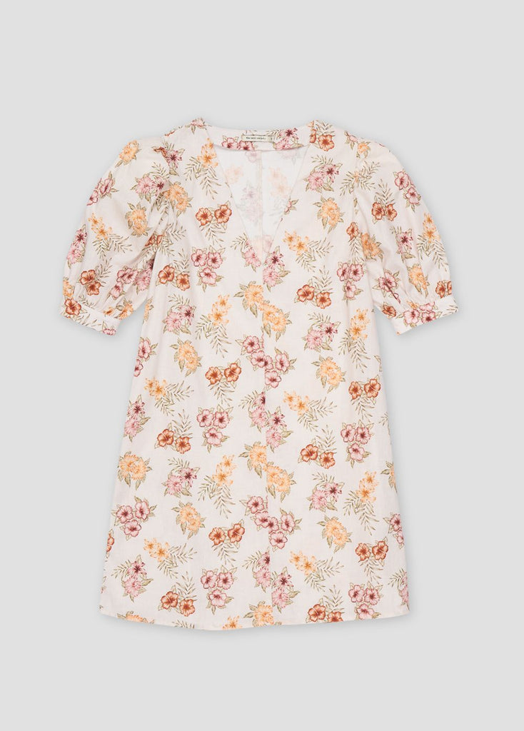 The Palermo women's linen dress is breathable and lightweight with flower print, short balloon sleeves and pockets. Made in Portugal by The New Society. Fashionable and feminine summer mini dress during summer and holidays. MiliMilu offers women's fashion and women's summer dresses online in Hong Kong and Singapore.