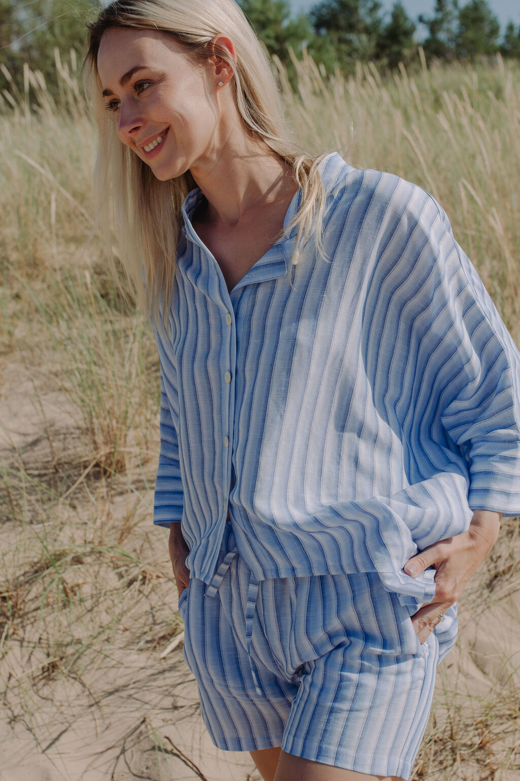 Women linen shorts - Blue and White stripes