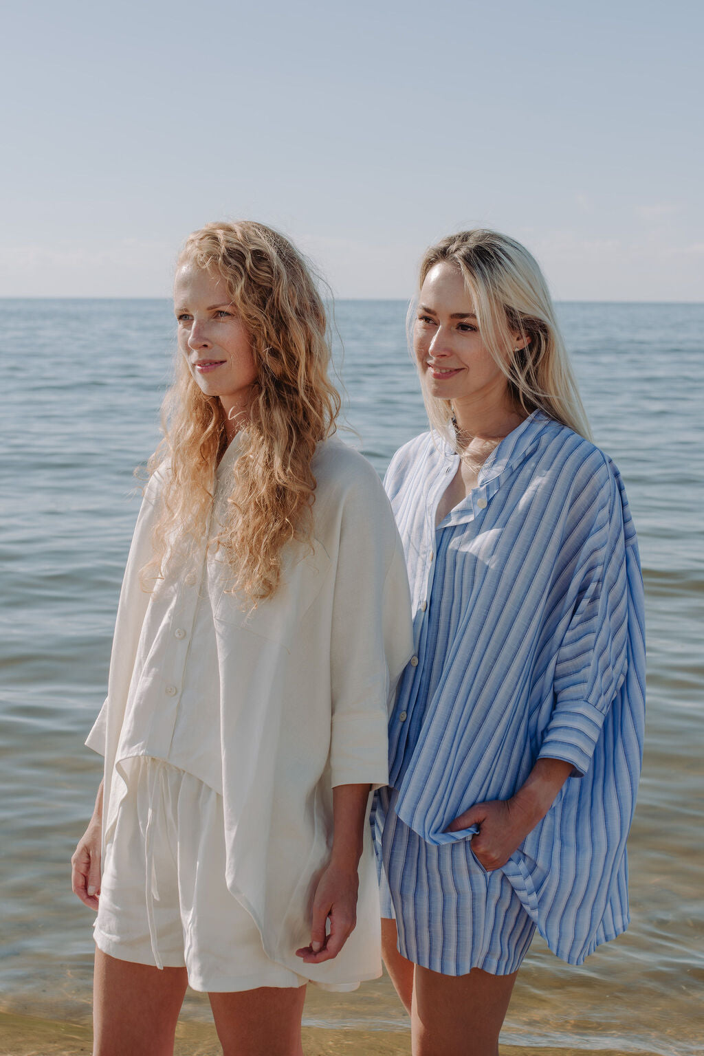 Women linen shorts - Blue and White stripes