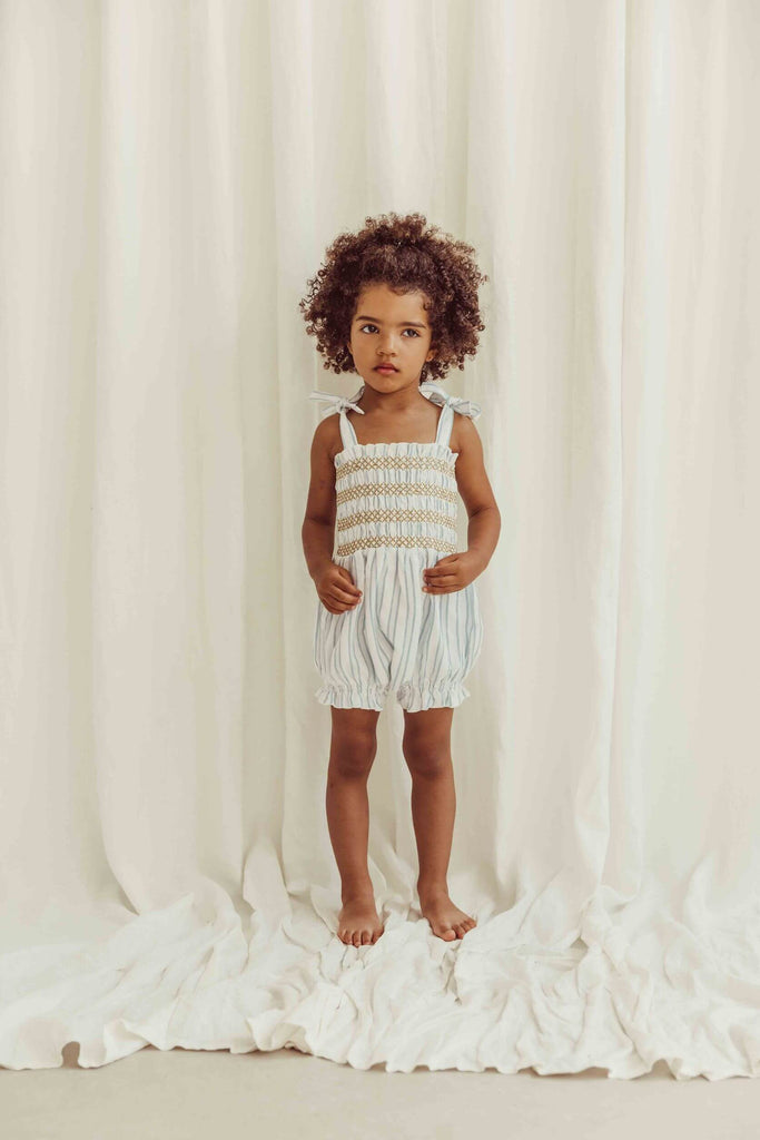 Get your baby girl ready for summer with Liilu's organic cotton Smocked romper. Its adjustable straps and the smock top is made for growing babies, allergy-friendly, and stylish with light blue stripes. Shop online at MiliMilu, available in Hong Kong and Singapore. Also baby and Mommy matching is available!