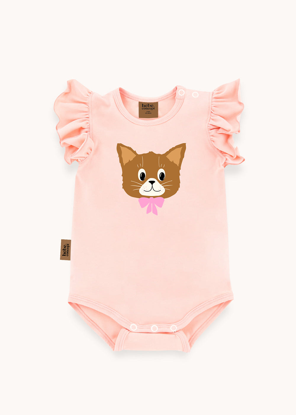 Close-up of cat print with pink bow on light pink baby bodysuit – GOTS certified organic cotton by Milimilu