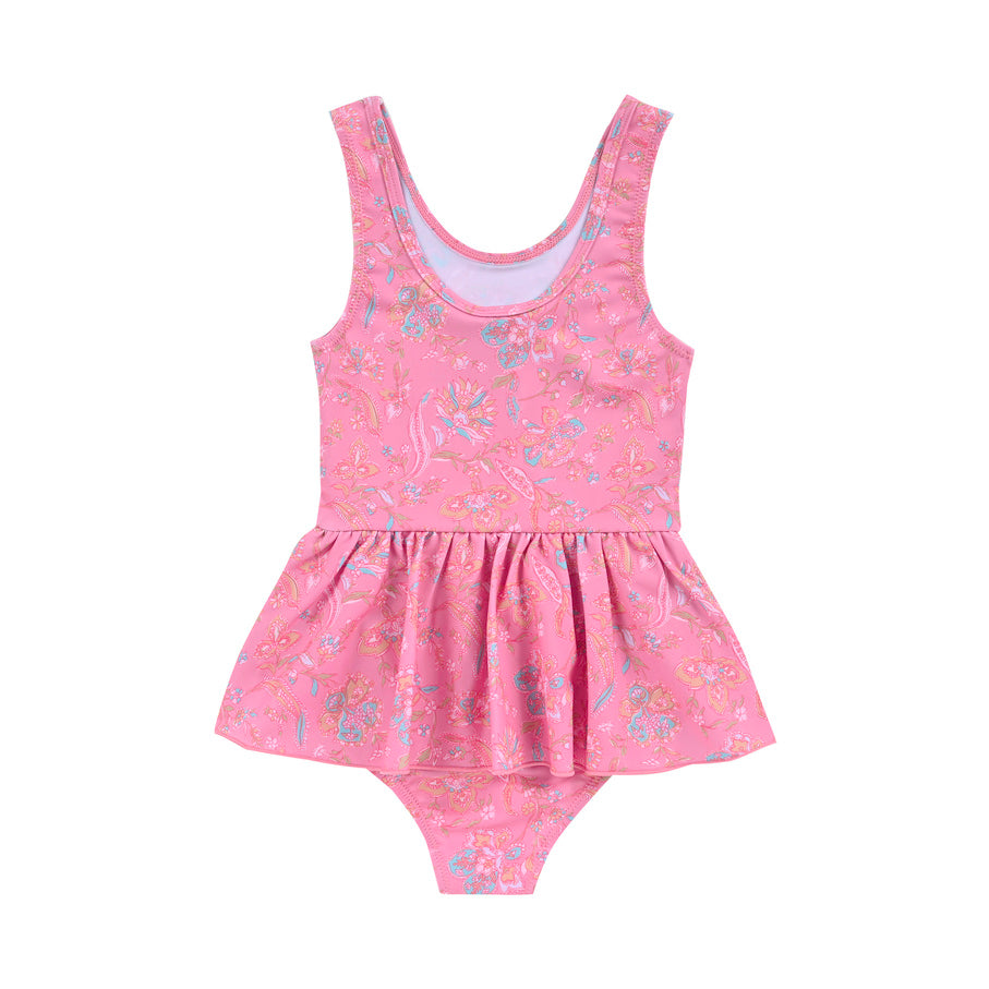 This girls' swimsuit, Kalinda, in pink mallow romance print, is all you need for your girl's summer wardrobe this season by Louise Misha. Made from SPF 50 sun-protective recycled fabric. This girls' swimsuit is perfect addition to kids swimwear! Mini Me twinning swimwear is available. Shop the trendiest girl swimwear.