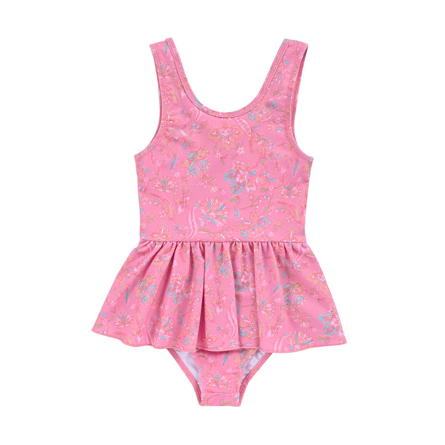 This girls' swimsuit, Kalinda, in pink mallow romance print, is all you need for your girl's summer wardrobe this season by Louise Misha. Made from SPF 50 sun-protective recycled fabric. This girls' swimsuit is perfect addition to kids swimwear! Mini Me twinning swimwear is available. Shop the trendiest girl swimwear.