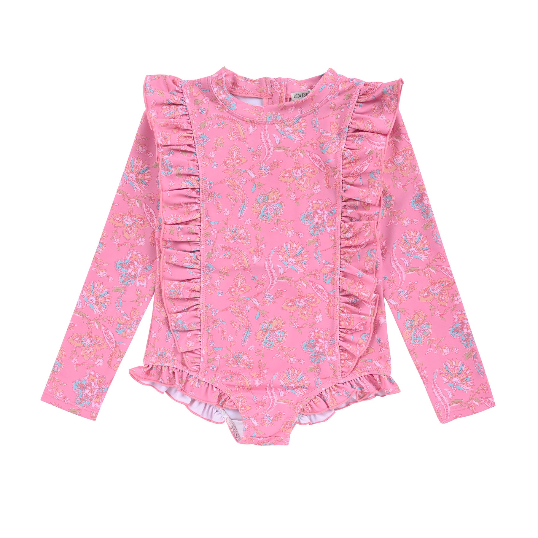Sustainable girls swimsuit in pink flower pnrint. This girls long sleeve swimsuit is made from SPF 50 protective and recycled fabric designed by Louise Misha.