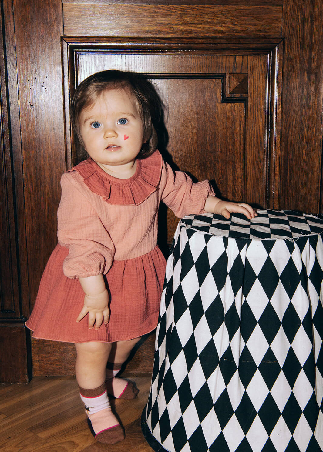 Pink muslin baby romper by Hebe — organic cotton, soft pink with collar & skirt | MiliMilu HK SG AU