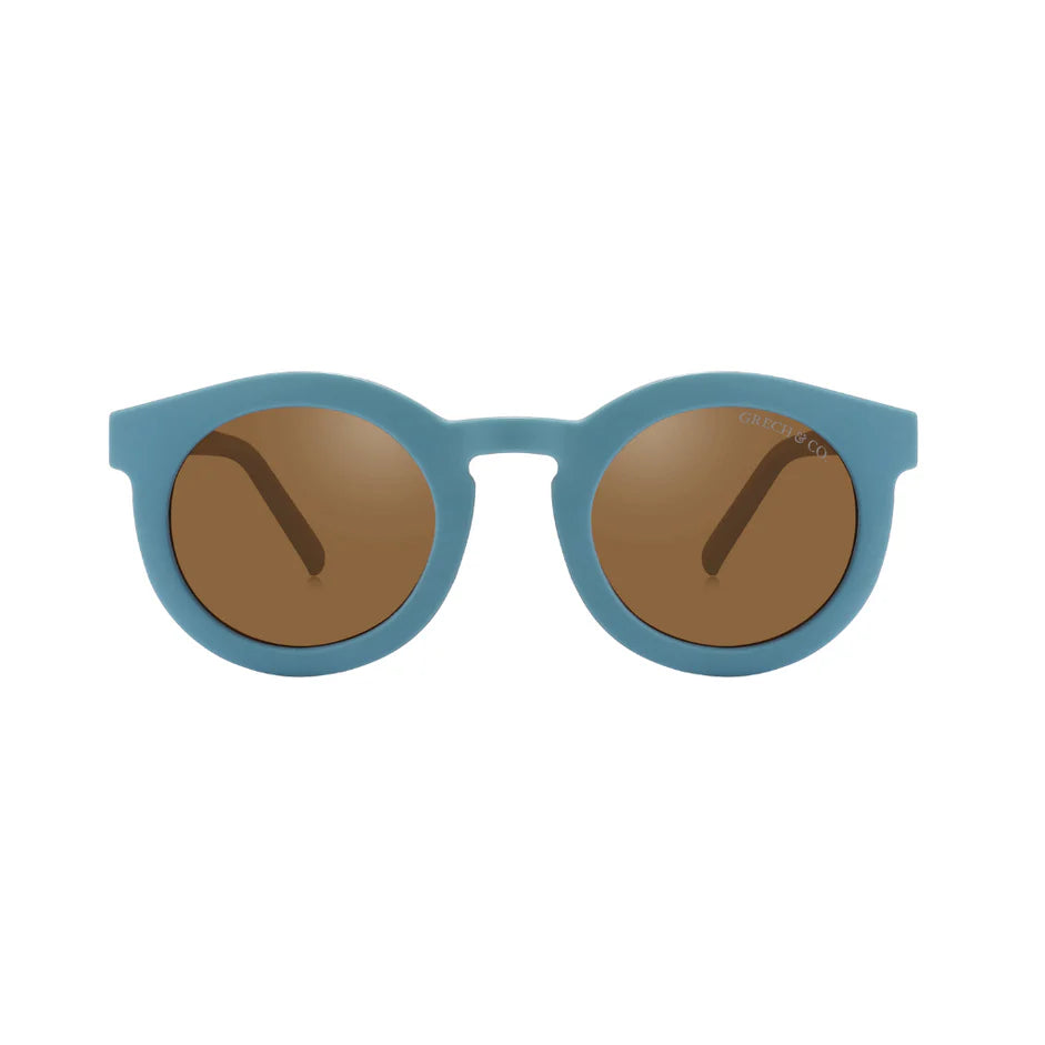 Sustainable sunglasses in blue are made with eco-friendly/non-toxic break-resistant material with polarised lenses & UV400. Family matching sunglasses available