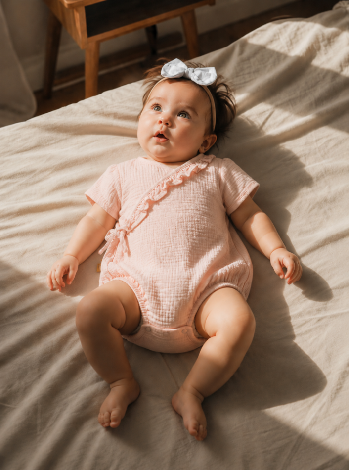 Baby girl wearing blush pink organic cotton wrap romper — newborn size