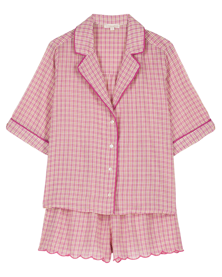 Louise Misha Fuchsia Tartan Joy short pyjama set — full outfit flat lay