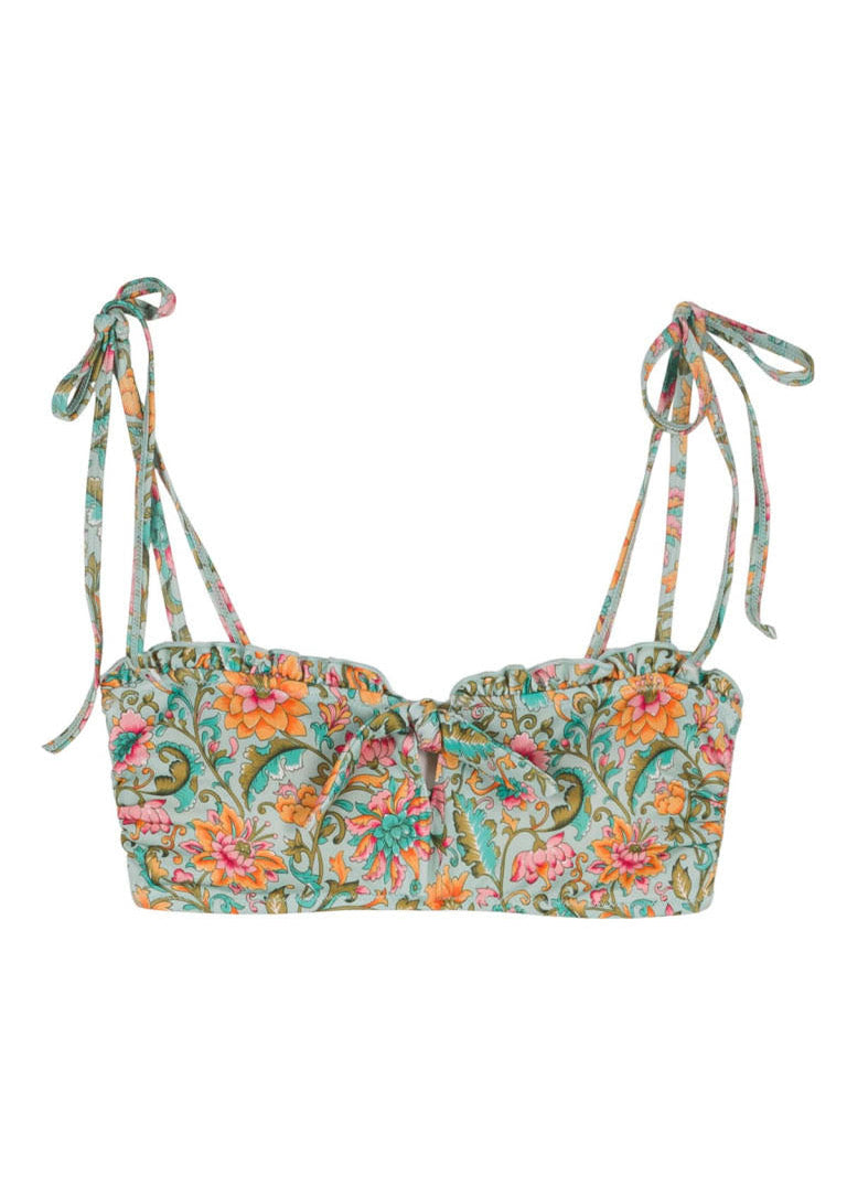 Best women's bikini top online — sustainable Louise Misha Baya with ornate bow and bohemian floral print