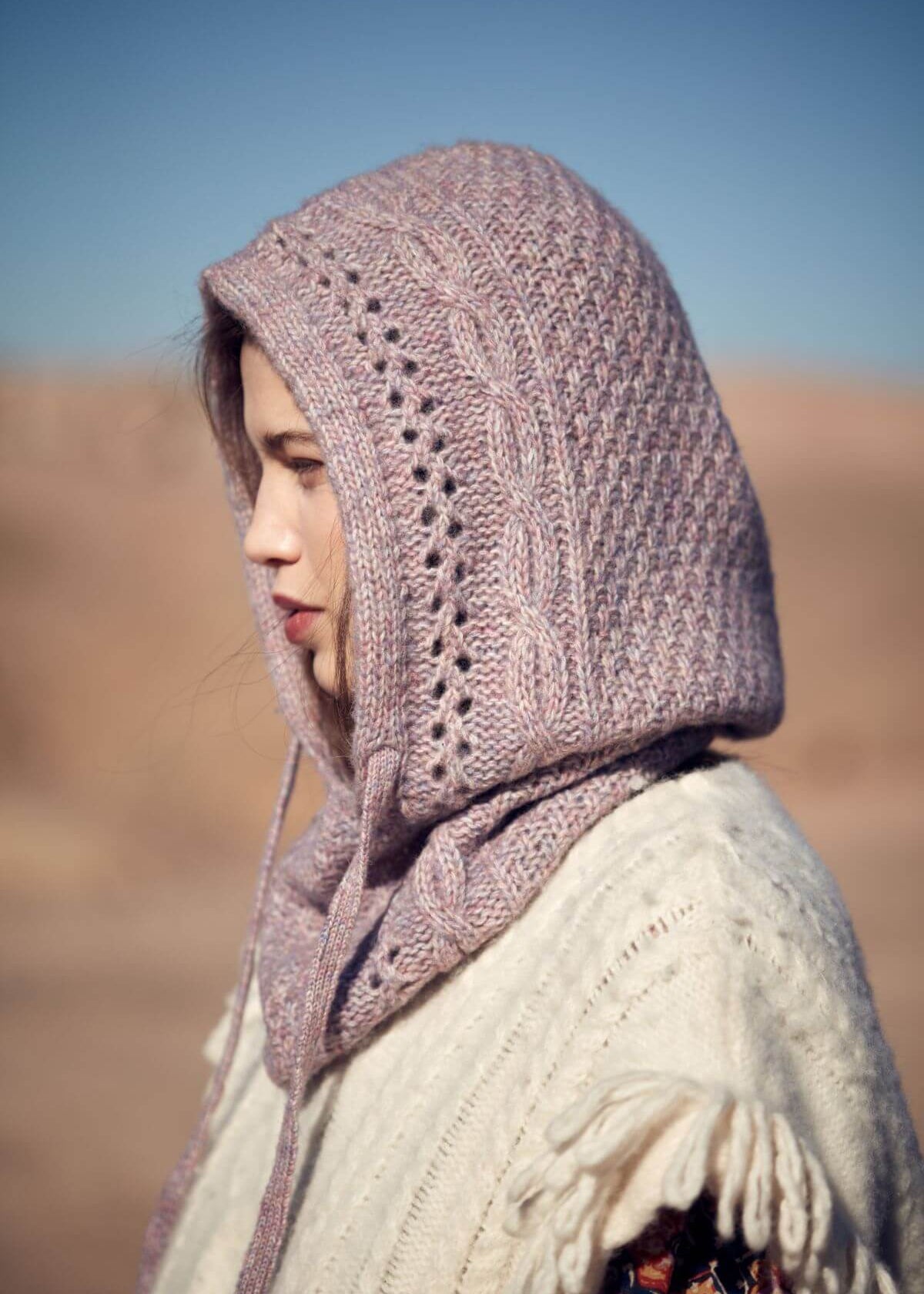 Louise Misha mauve merino wool hood detail - versatile winter scarf and hood