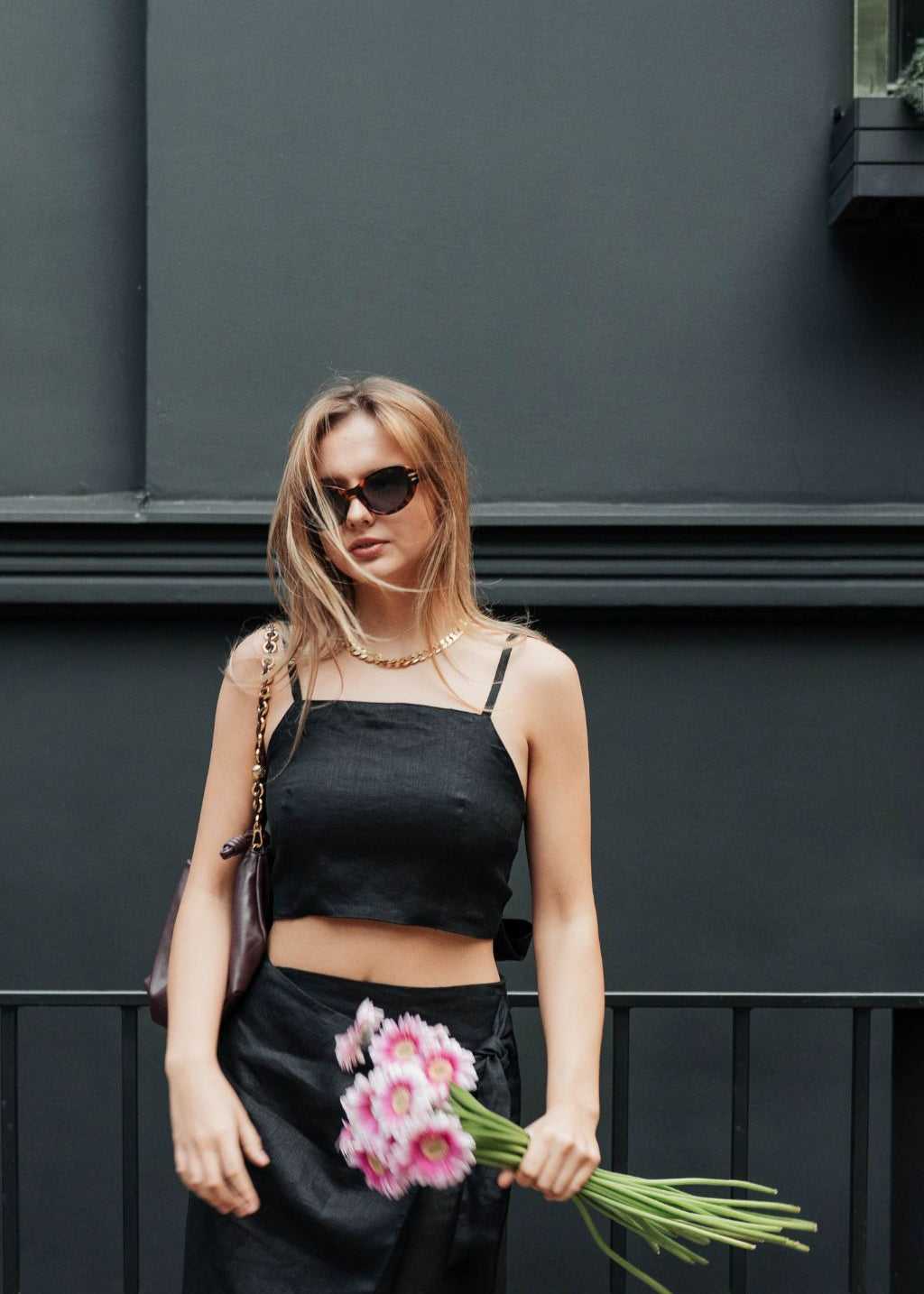 Black linen crop top Sydney collection - side angle view.