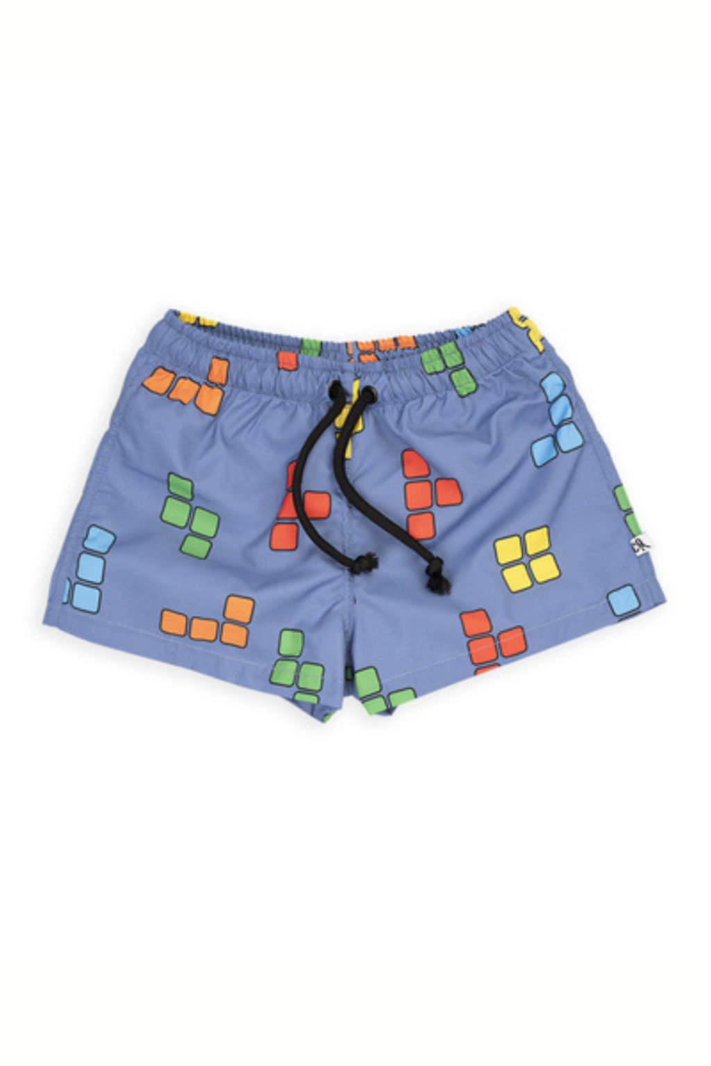 Boys swim trunks with a blue base and BLOX print - elastic waistband. There boys swim trunks are made with 100% recycled polyester, bets kids swimwear.