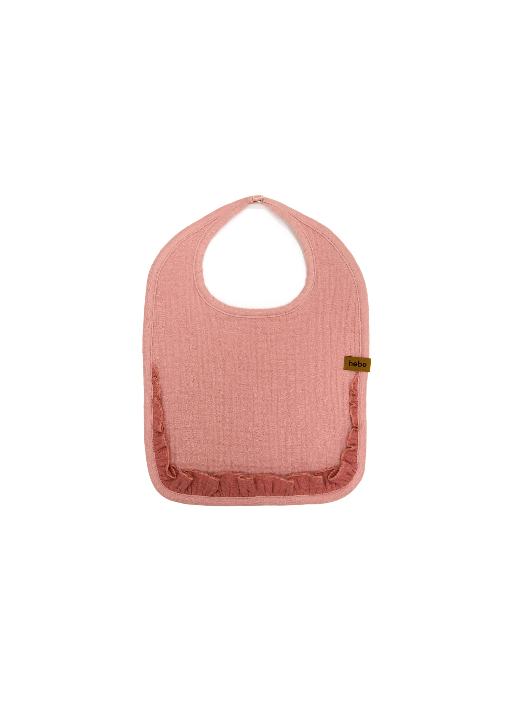 Pink muslin baby bib with darker pink ruffle and snap buttons — organic cotton by Hebe at Milimilu